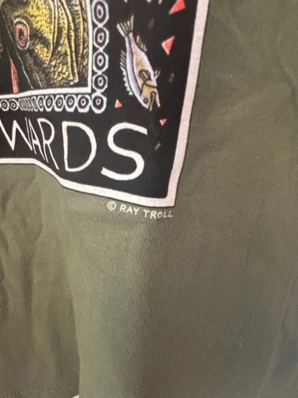 Ray Troll Bass Ackwards T-Shirt Graphic Tee in Green - Picture 5 of 6